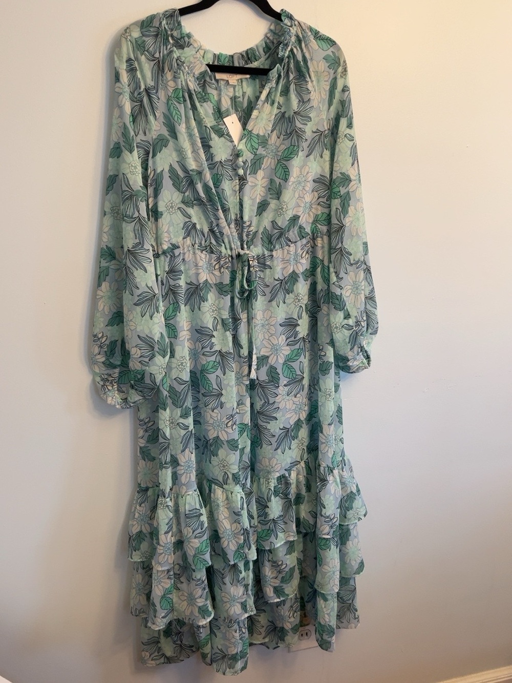 LOFT Blue and Green Floral Tiered Maxi Dress, Size M